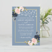 Dusty Blue Pink Blush Floral String Lights Wedding Kaart (Staand voorkant)