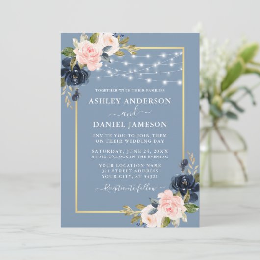 Dusty Blue Pink Blush Floral String Lights Wedding Kaart (Staand voorkant)