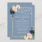 Dusty Blue Pink Blush Floral String Lights Wedding Kaart (Voorkant / Achterkant)