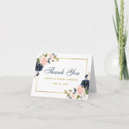 Dusty Blue Pink Blush Floral Weddenschap Gold Note Bedankkaart