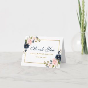 Dusty Blue Pink Blush Floral Weddenschap Gold Note Bedankkaart