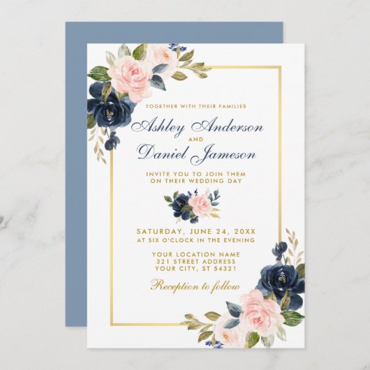 Dusty Blue Pink Blush Floral Wedding Gold Lijst Kaart (Voorkant / Achterkant)