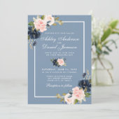 Dusty Blue Pink Blush Waterverf Floral Wedding Kaart (Staand voorkant)