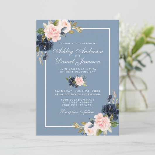 Dusty Blue Pink Blush Waterverf Floral Wedding Kaart (Staand voorkant)