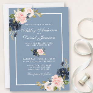 Dusty Blue Pink Blush Waterverf Floral Wedding Kaart