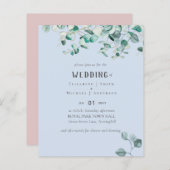 Dusty Blue Pink Eucalyptus BUDGET WEDDING Invite (Voorkant / Achterkant)
