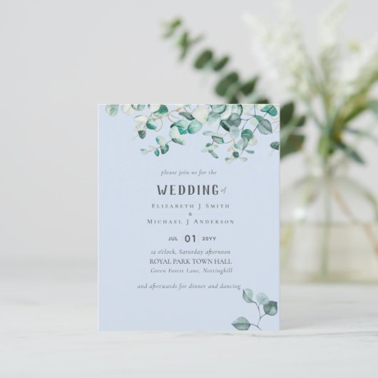 Dusty Blue Pink Eucalyptus BUDGET WEDDING Invite (Staand voorkant)