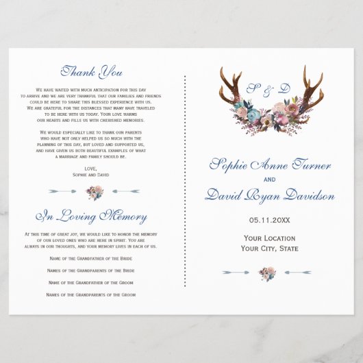 Dusty Blue Pink Floral Antlers Weddenschap Flyer (Voorkant)