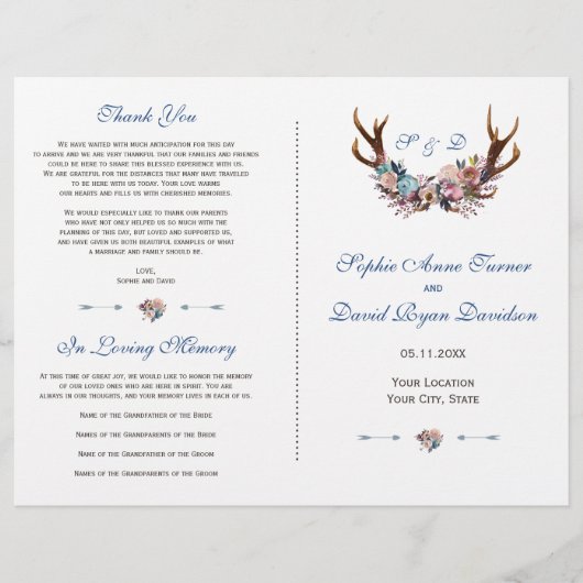 Dusty Blue Pink Floral Antlers Weddenschap Flyer (Voorkant)