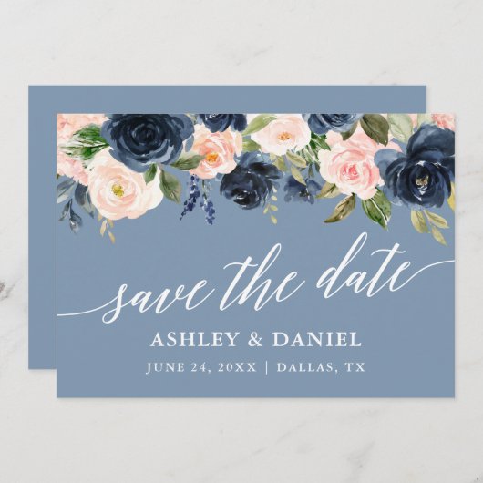 Dusty Blue Pink Floral bewaart de Kaart Datum (Voorkant / Achterkant)