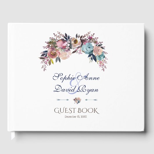 Dusty Blue Pink Floral Bouquet Wedding Gastenboek (Voorkant)