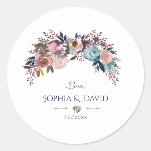 Dusty Blue Pink Floral Bouquet Wedding Ronde Sticker (Voorkant)