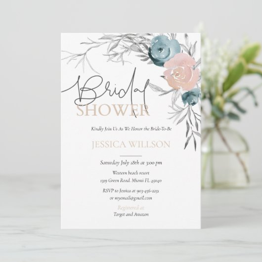Dusty Blue & Pink Floral Bridal Shower Kaart (Staand voorkant)