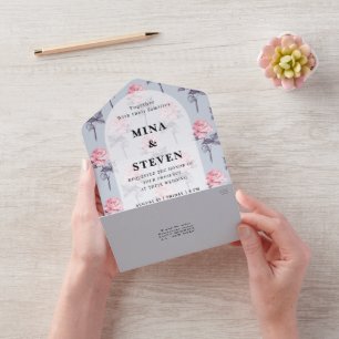 Dusty Blue Pink Floral bruiloft All In One Uitnodiging
