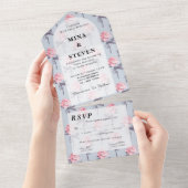 Dusty Blue Pink Floral bruiloft All In One Uitnodiging (Afscheurbaar)