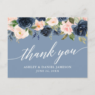 Dusty Blue Pink Floral Bruiloft Bedankt Briefkaart
