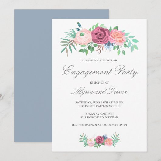 Dusty Blue Pink Floral Elegant verlovingsfeest Kaart (Voorkant / Achterkant)
