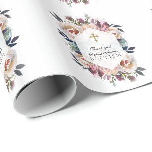 Dusty Blue Pink Floral Geometric Baptism Monogram Cadeaupapier