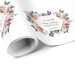 Dusty Blue Pink Floral Geometric Weddenemonogram Cadeaupapier