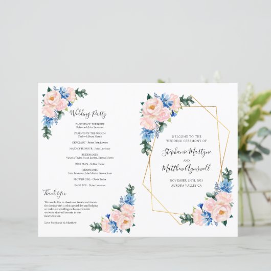 Dusty Blue Pink Floral Geometric Wedding Programme (Staand voorkant)