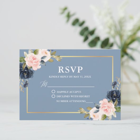 Dusty Blue Pink Floral Gold Lijst bruiloft RSVP (Staand voorkant)