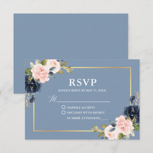 Dusty Blue Pink Floral Gold Lijst bruiloft RSVP (Voorkant / Achterkant)