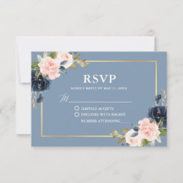 Dusty Blue Pink Floral Gold Lijst bruiloft RSVP Kaartje