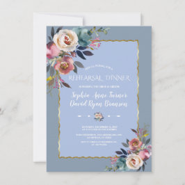 Dusty Blue Pink Floral Gold Lijst repetitie Dinner Kaart