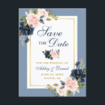 Dusty Blue Pink Floral Gold Save the Date Aankondigingskaart<br><div class="desc">Modern Elegant, Waterverf Stoffig Blauw Roze Blush Bloemen, Goud Lijst Save The Date Verloving Briefkaart</div>