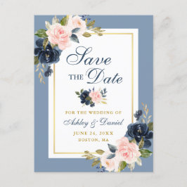 Dusty Blue Pink Floral Gold Save the Date Aankondigingskaart