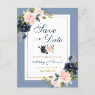 Dusty Blue Pink Floral Gold Save the Date Aankondigingskaart