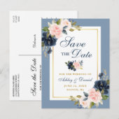 Dusty Blue Pink Floral Gold Save the Date Aankondigingskaart (Voorkant / Achterkant)