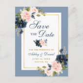 Dusty Blue Pink Floral Gold Save the Date Aankondigingskaart (Voorkant)