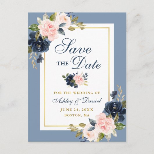 Dusty Blue Pink Floral Gold Save the Date Aankondigingskaart (Voorkant)