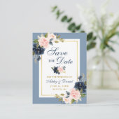 Dusty Blue Pink Floral Gold Save the Date Aankondigingskaart (Staand voorkant)