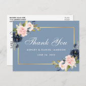 Dusty Blue Pink Floral Gold Wedding Dank u Briefkaart (Voorkant / Achterkant)