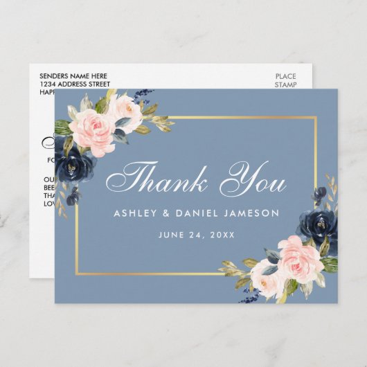 Dusty Blue Pink Floral Gold Wedding Dank u Briefkaart (Voorkant / Achterkant)