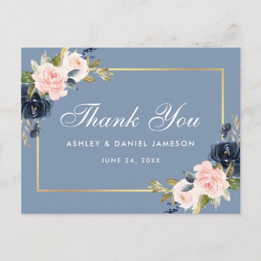 Dusty Blue Pink Floral Gold Wedding Dank u Briefkaart (Voorkant)