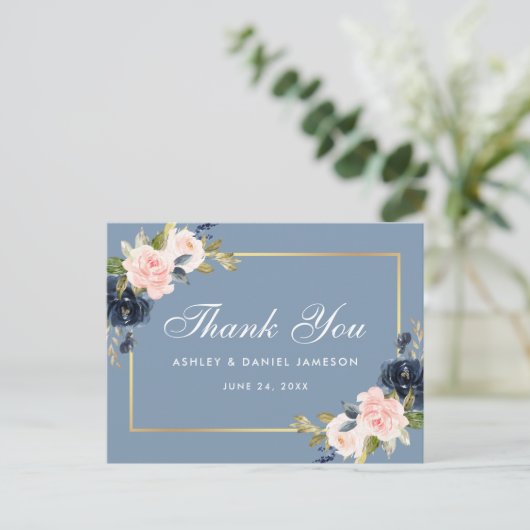 Dusty Blue Pink Floral Gold Wedding Dank u Briefkaart (Staand voorkant)
