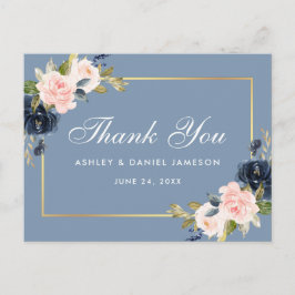 Dusty Blue Pink Floral Gold Wedding Dank u Briefkaart