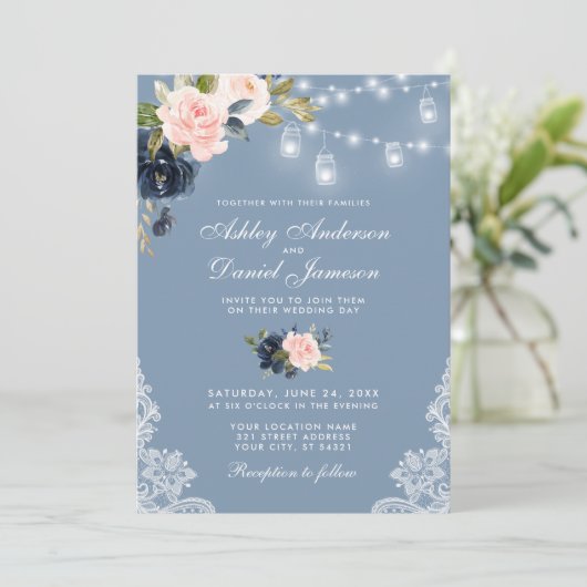 Dusty Blue Pink Floral Lace Weddenschap Kaart (Staand voorkant)