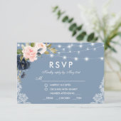 Dusty Blue Pink Floral Lace Wedding Meal RSVP Kaartje (Staand voorkant)