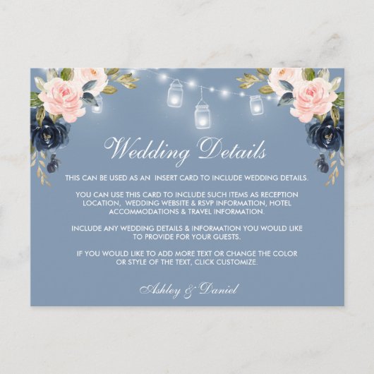 Dusty Blue Pink Floral Lights Bruiloft Details Kaa Briefkaart (Voorkant)