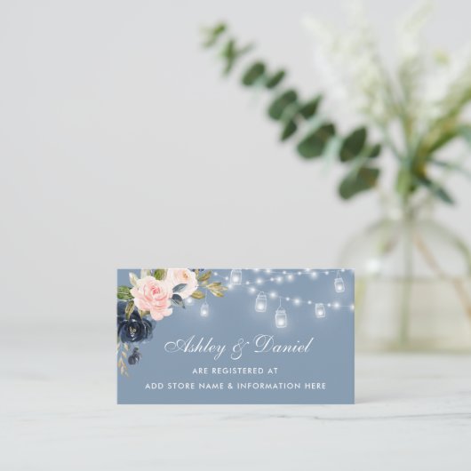 Dusty Blue Pink Floral Lights Bruiloft Informatiekaartje (Staand voorkant)