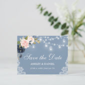 Dusty Blue Pink Floral Lights Kant Save the Date Aankondigingskaart (Staand voorkant)