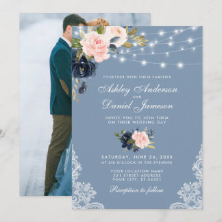 Dusty Blue Pink Floral Lights Lace Foto bruiloft Kaart