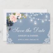 Dusty Blue Pink Floral Lights Lace Save The Date (Voorkant)