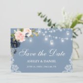 Dusty Blue Pink Floral Lights Lace Save The Date (Staand voorkant)