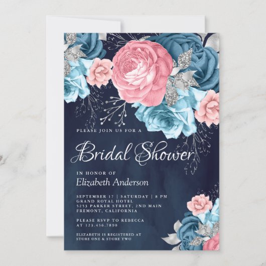 Dusty Blue Pink Floral Roos Navy Vrijgezellenfeest Kaart (Voorkant)