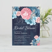 Dusty Blue Pink Floral Roos Navy Vrijgezellenfeest Kaart (Staand voorkant)